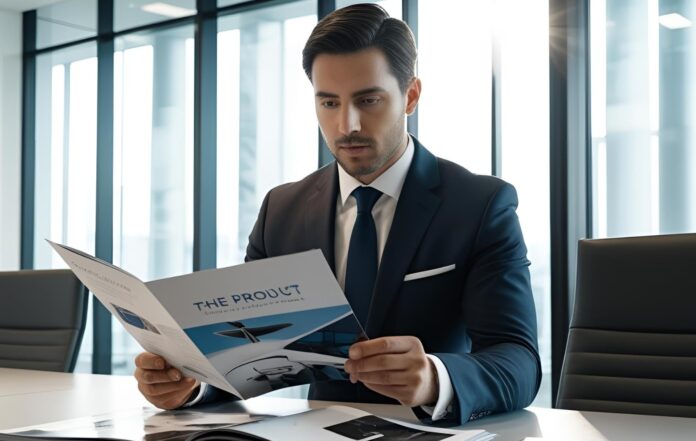 executing viewing product brochure at table in office marconpra